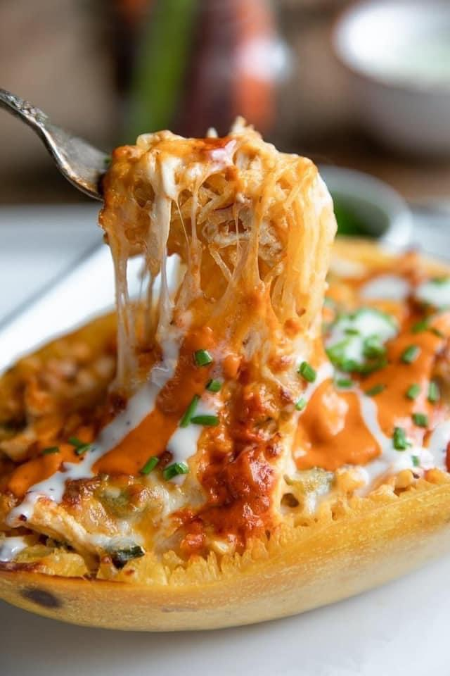 Buffalo Chicken Spaghetti Squash Boats