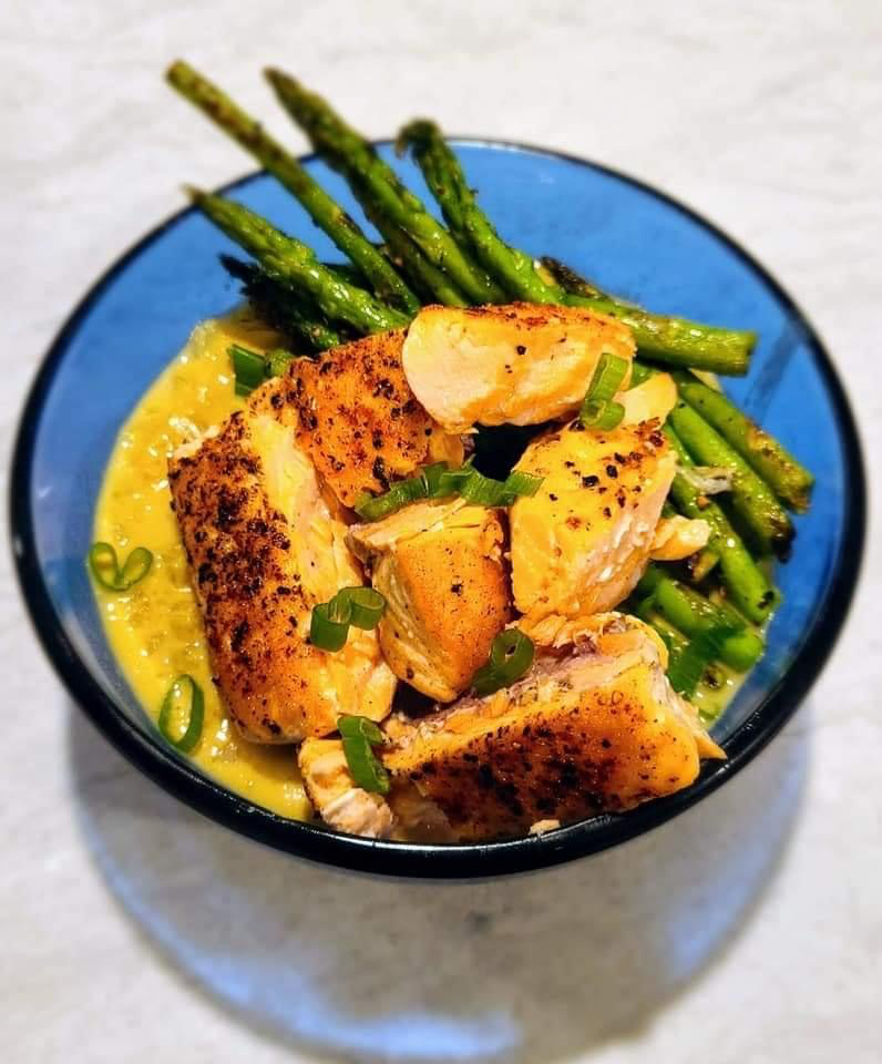 Blackened Salmon Cauliflower Asparagus soup