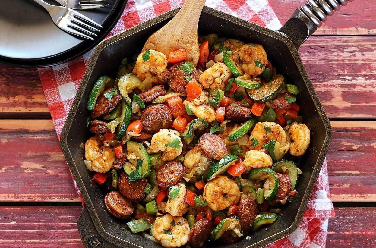 Cajun Shrimp, Turkey Sausage, and Vegetable Skillet