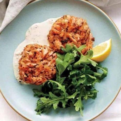Dijon Salmon Cakes and Arugula with Lemon-Caper Oil