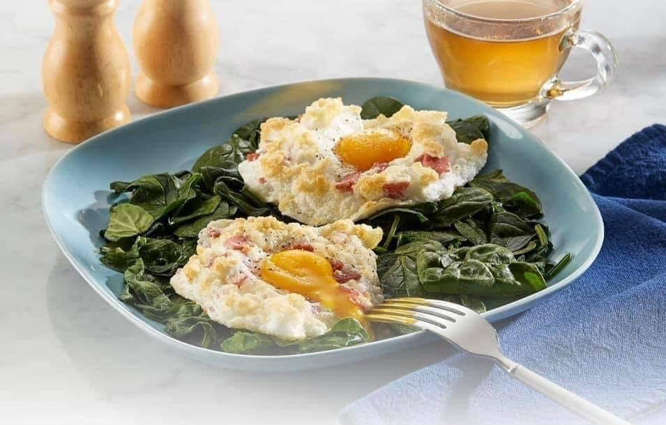Provolone Cloud Eggs with Turkey Bacon and Spinach