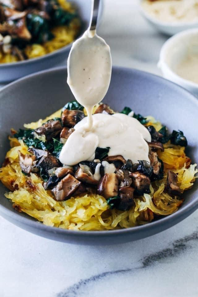 Vegan Cauliflower Alfredo Spaghetti Squash with Basil & Mushrooms
